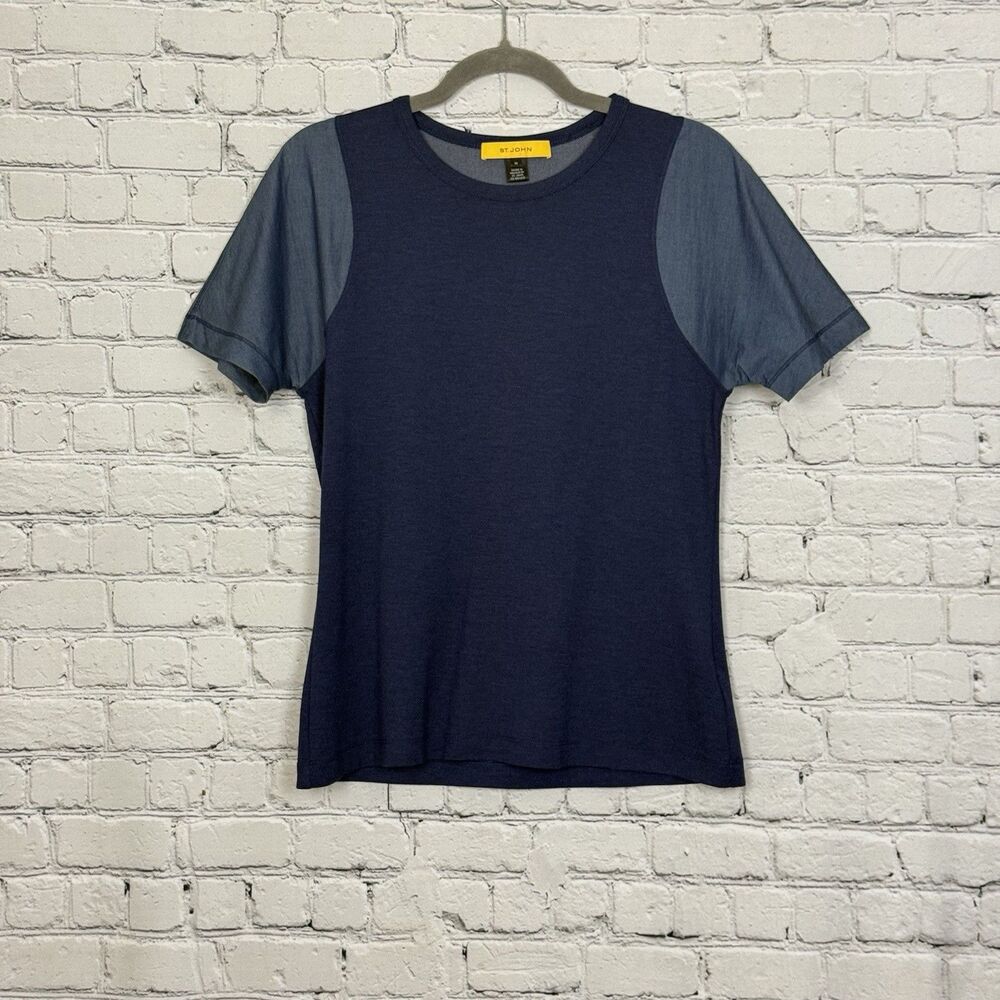 St John Short Sleeve Crewneck T Shirt Top Navy Blue Knit Women M Contrast Sleeve